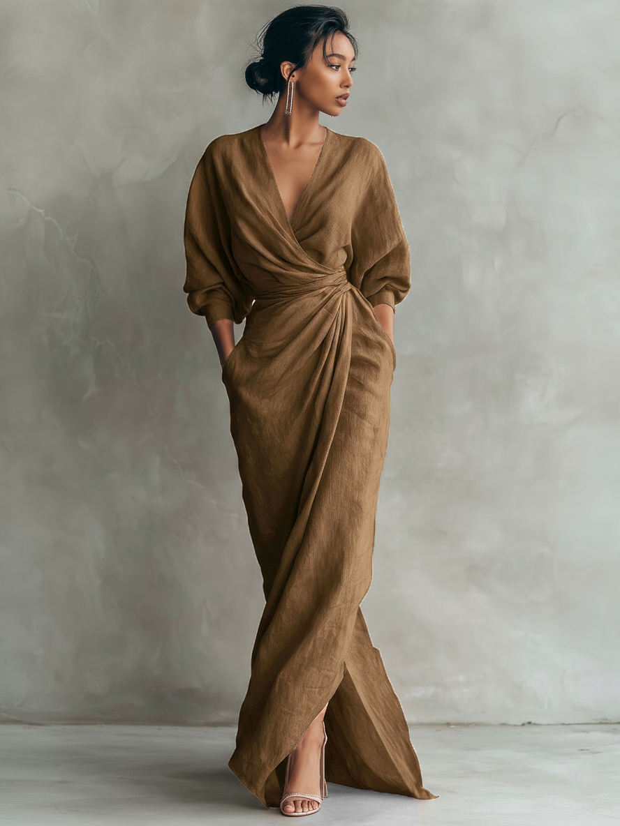 Abito Maxi Minimalista Rosa con scollo a V in misto Lino da Donna