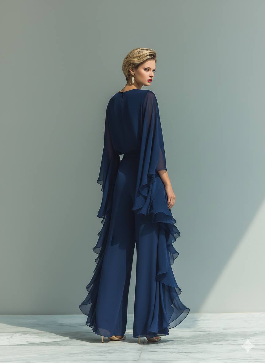Set di Top in Chiffon Blu Navy con Maniche Svasate e Pantaloni a Gamba Dritta con Dettagli Ruchés