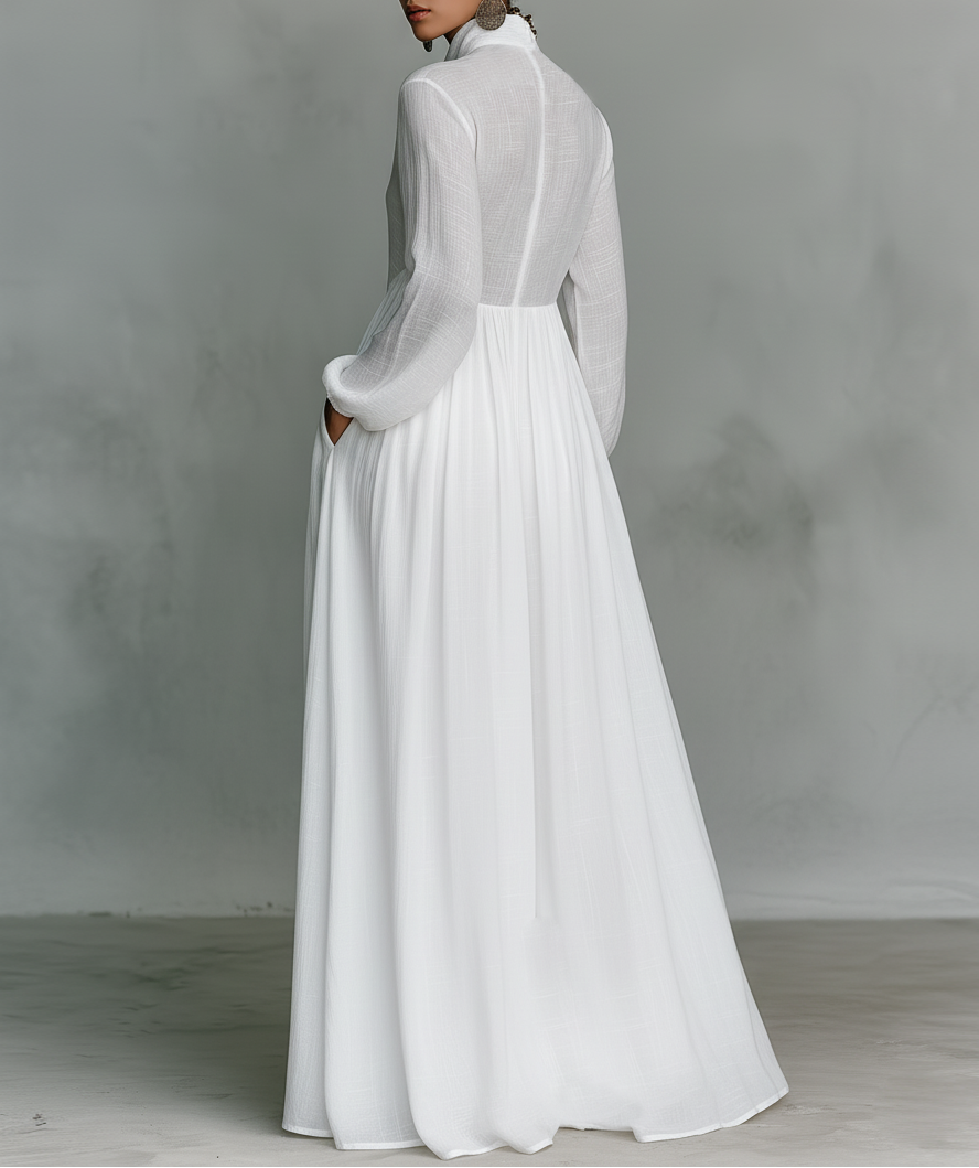 Alessia - Maxi Minimalista in Cotone e Lino con Patchwork, Collo Alto e Maniche Lunghe