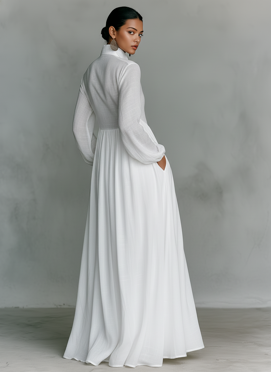 Maxi Abito Minimalista in Cotone e Lino con Patchwork, Collo Alto e Maniche Lunghe