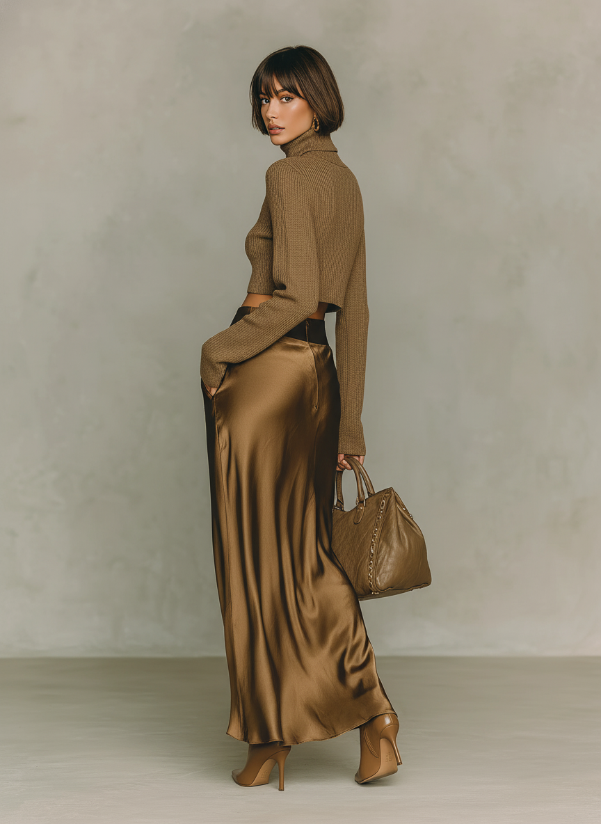 Maglione a collo alto dorato-marrone per donne, a maniche lunghe, abbinato a una gonna midi in satin