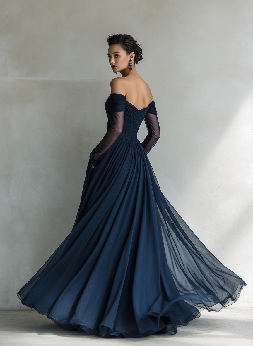 Abito Maxi Elegante in Chiffon Organza Blu Scuro con Maniche Lunghe e Spalle Scoperte per Donne