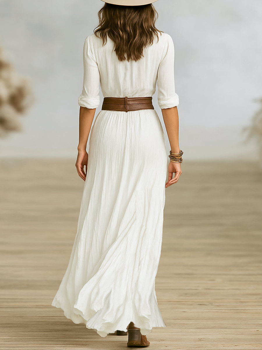 Maxi Abito Lungo in Lino Donna con Collo a Revers e Maniche Lunghe