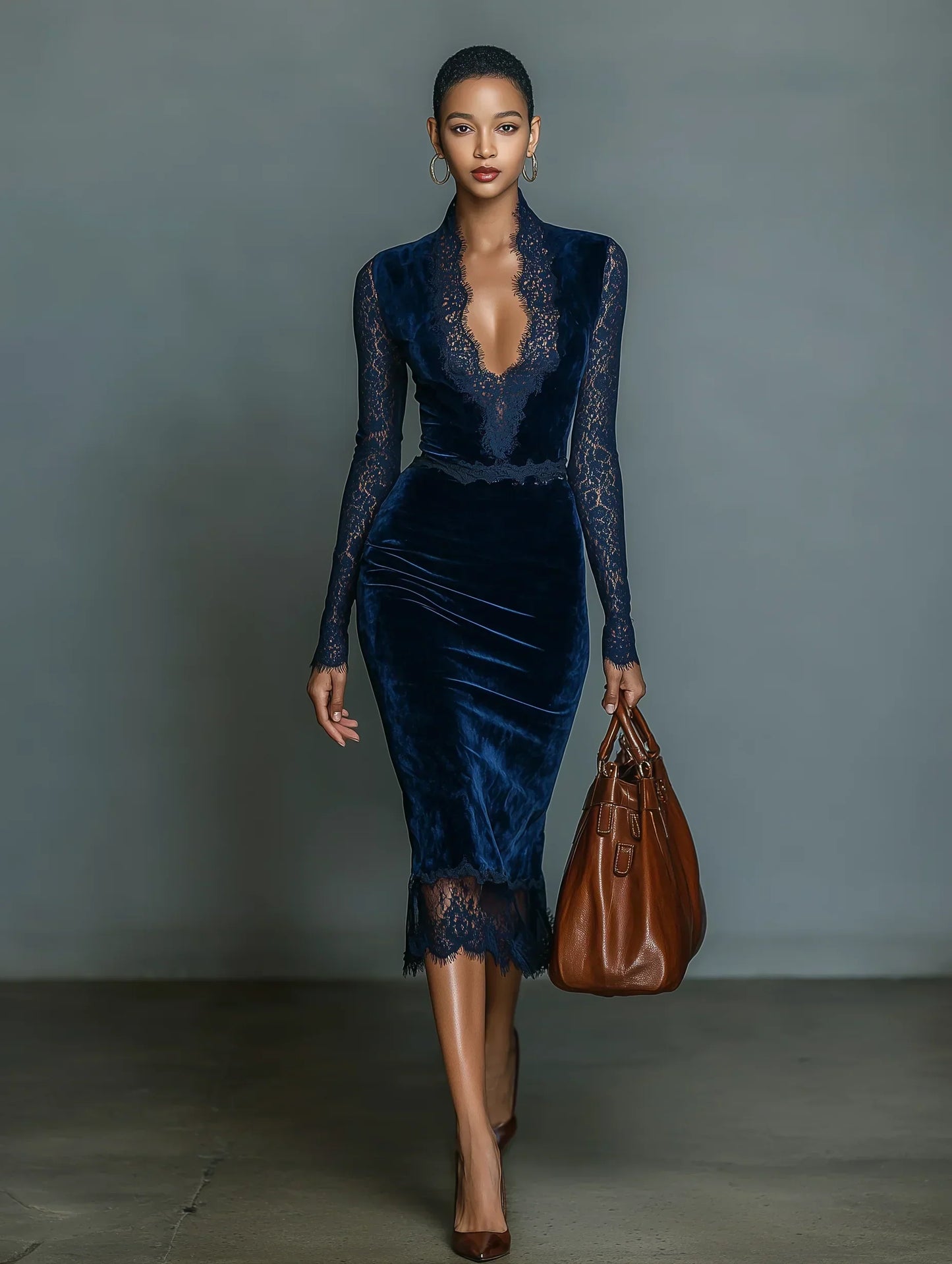 Elegante Abito Midi Slim-Fit V-Neck in Velluto Blu Scuro con Dettagli in Pizzo e Maniche per Donna