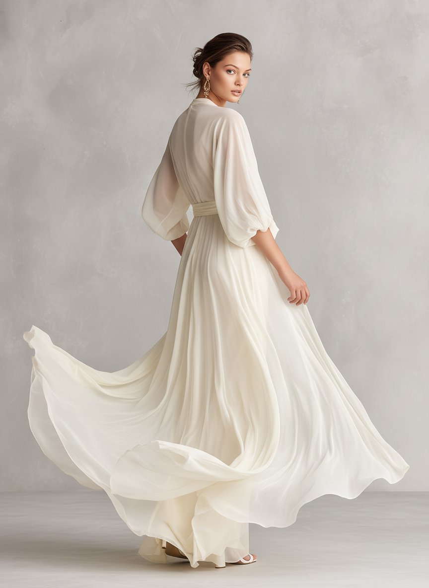 Abito in Chiffon Trasparente Avorio per Donne con Maniche Voluminose e Dettaglio Avvolgente, Abito in Stile Romantico-Lusso Senza Tempo