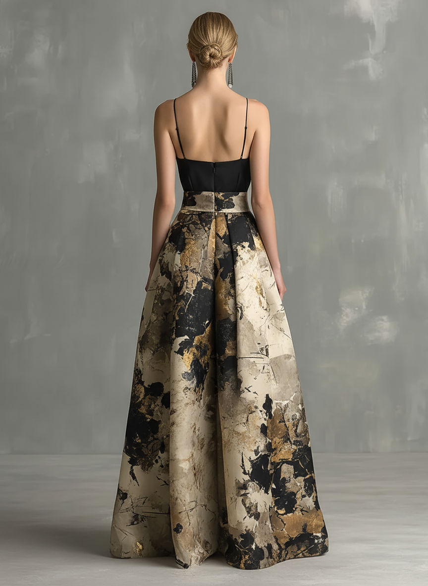 Abito Maxi Elegante Donna Nero e Beige Stampa Astratta Scollo a V con Spalline
