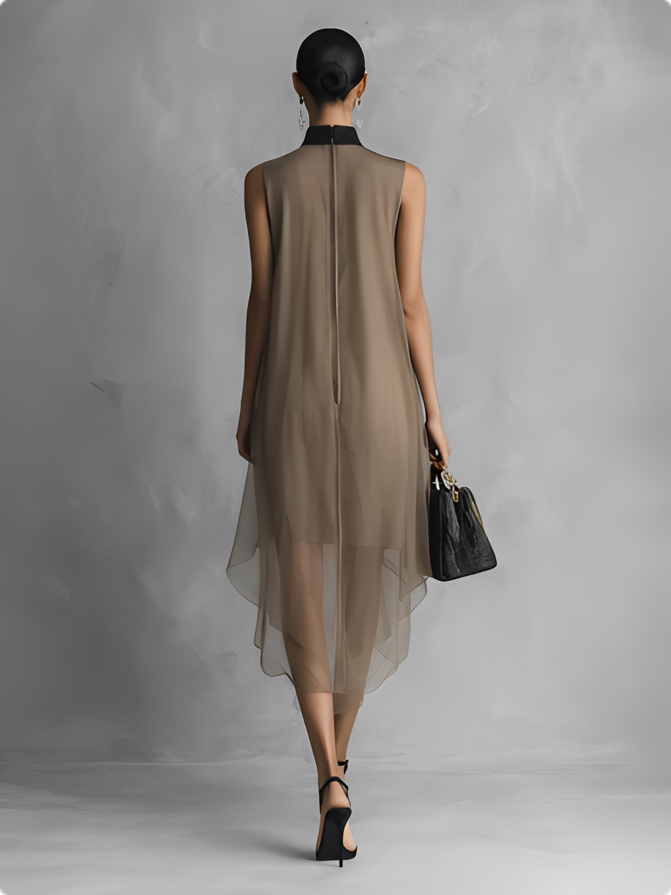 Robe senza maniche in chiffon bicolore kaki e marrone di lusso leggero per donne