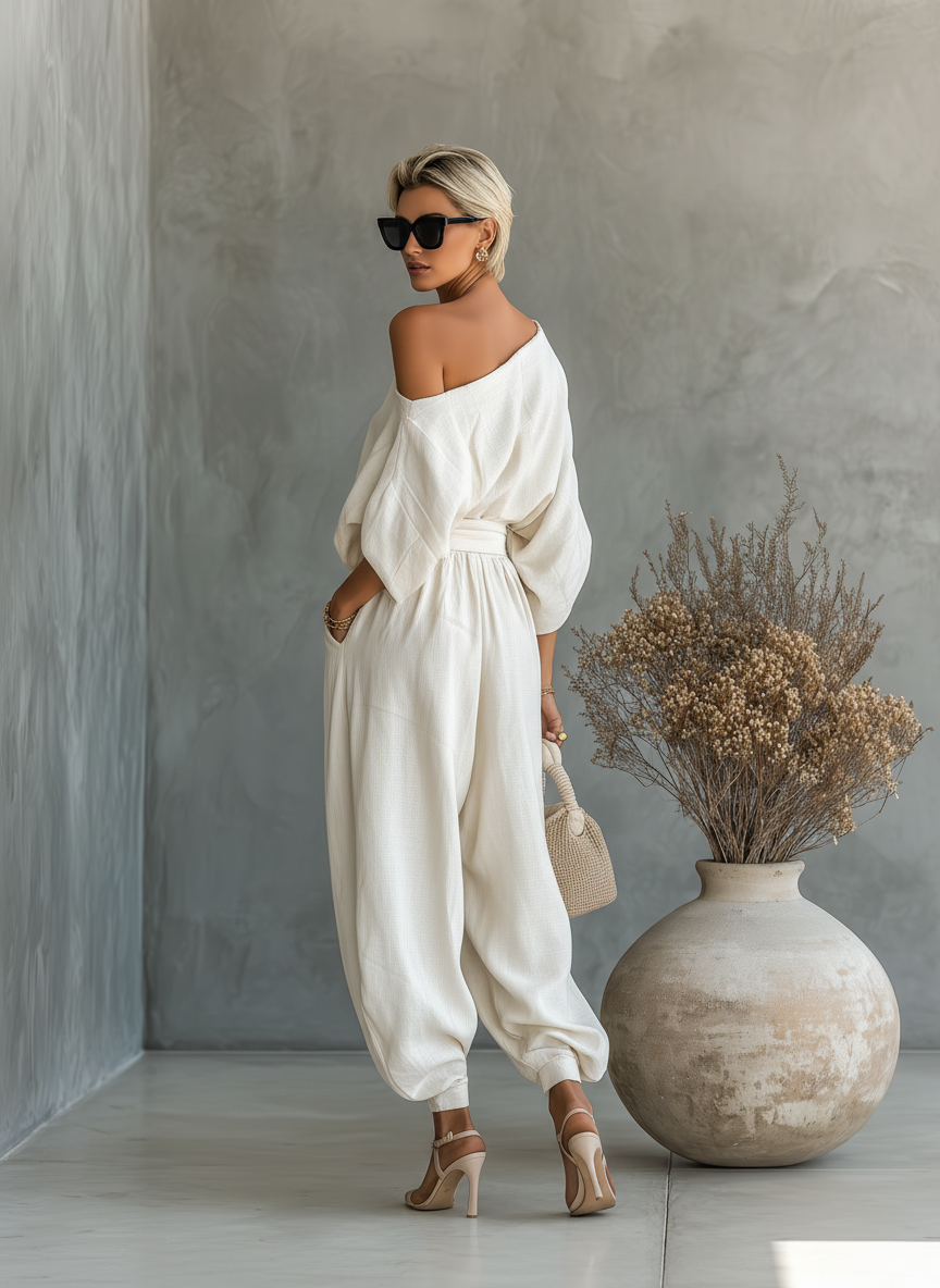 Stella - Set da donna in lino off-white con top casual a spalle scoperte e pantaloni tapered