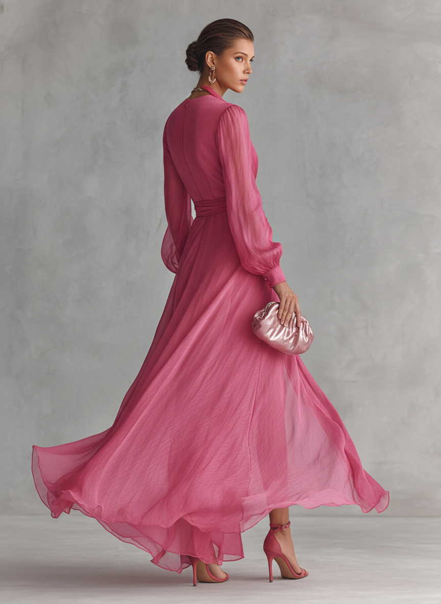 Elegante abito lungo in chiffon rosa con perle e scollo a V per donna