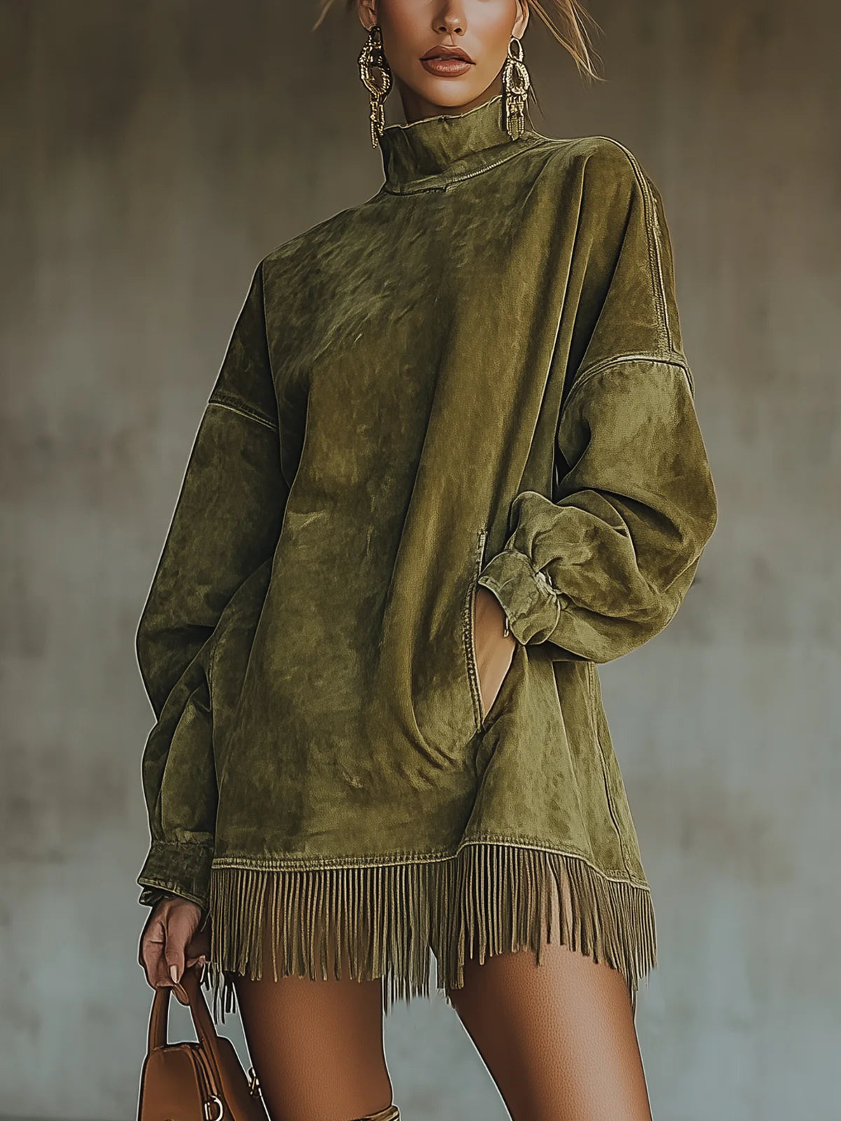 Amalia ║ Vestito in suede con collo alto e frange