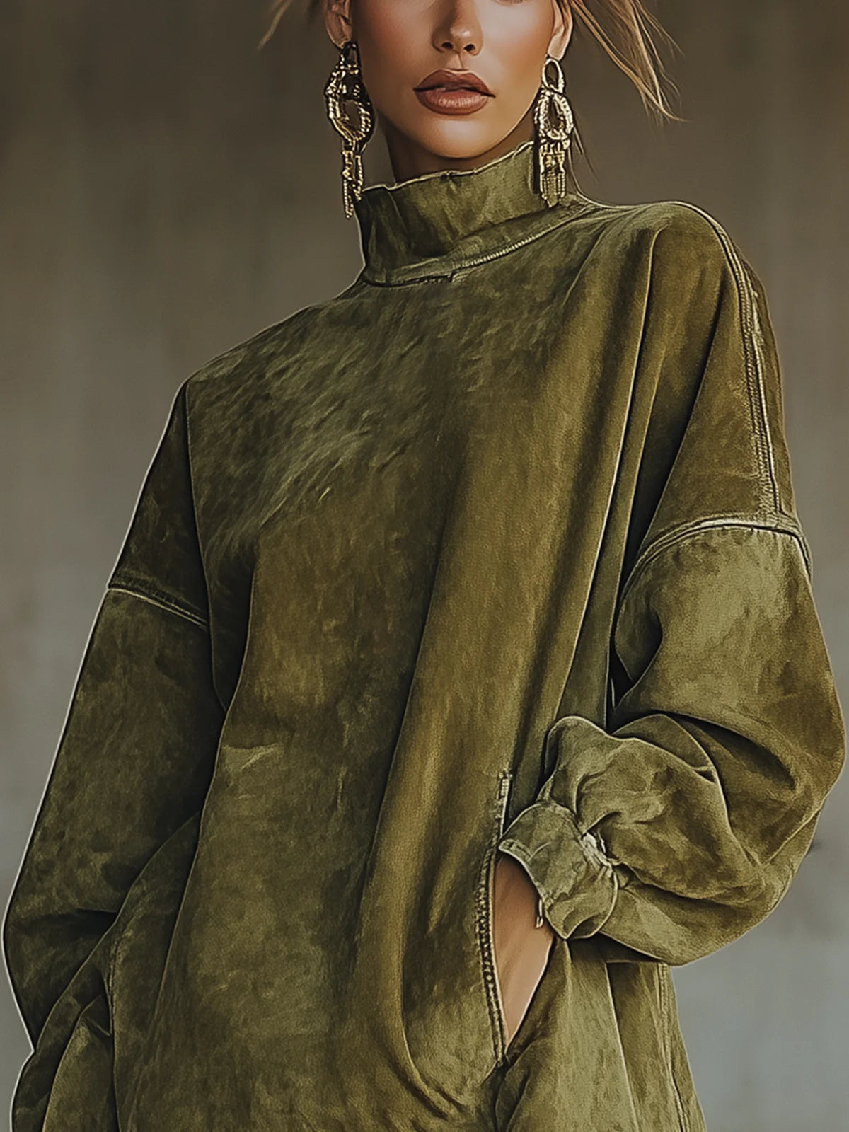 Amalia ║ Vestito in suede con collo alto e frange