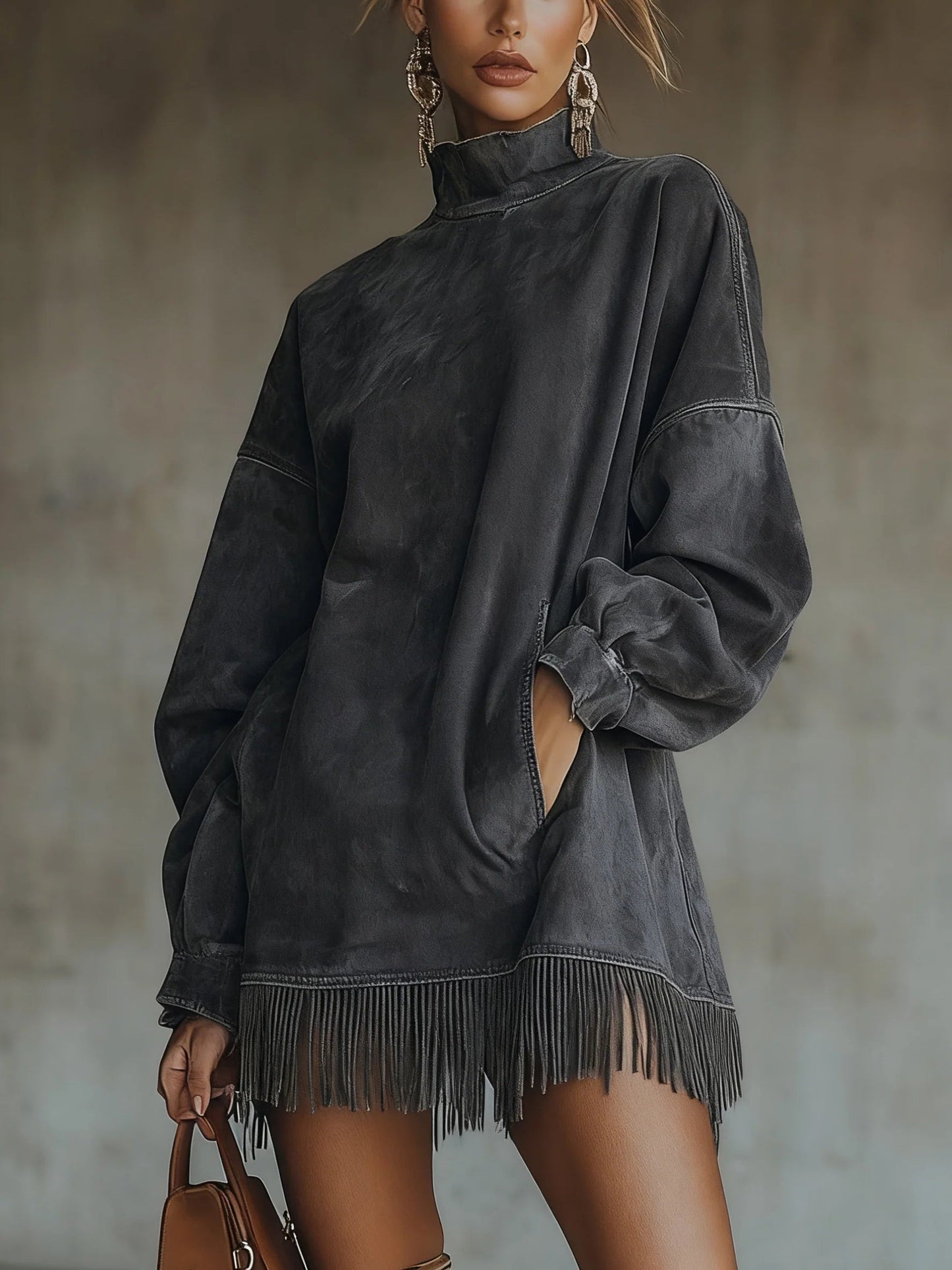 Amalia ║ Vestito in suede con collo alto e frange
