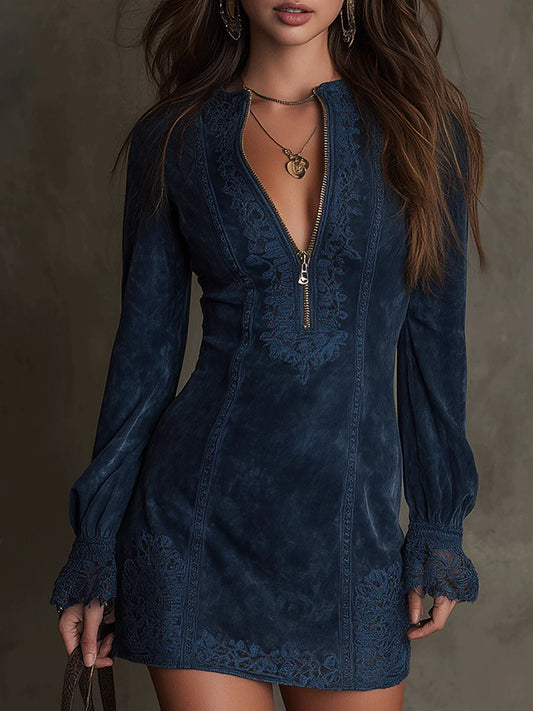 Azulena ❘ Vestito mini vintage in camoscio con pizzo