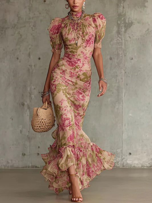 Abito Maxi Stampato Rosa Vintage con Maniche Puff e Gonna A Sirena per Donne
