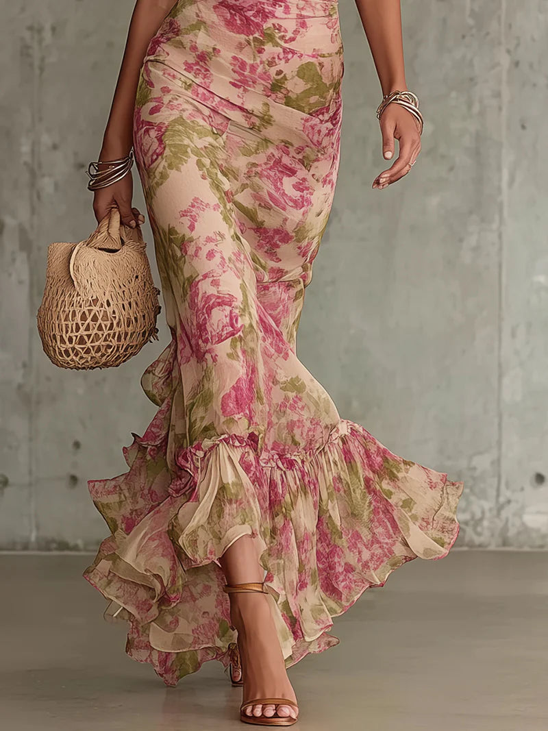 Fiora - Abito lungo con stampa vintage di rose e maniche a sbuffo