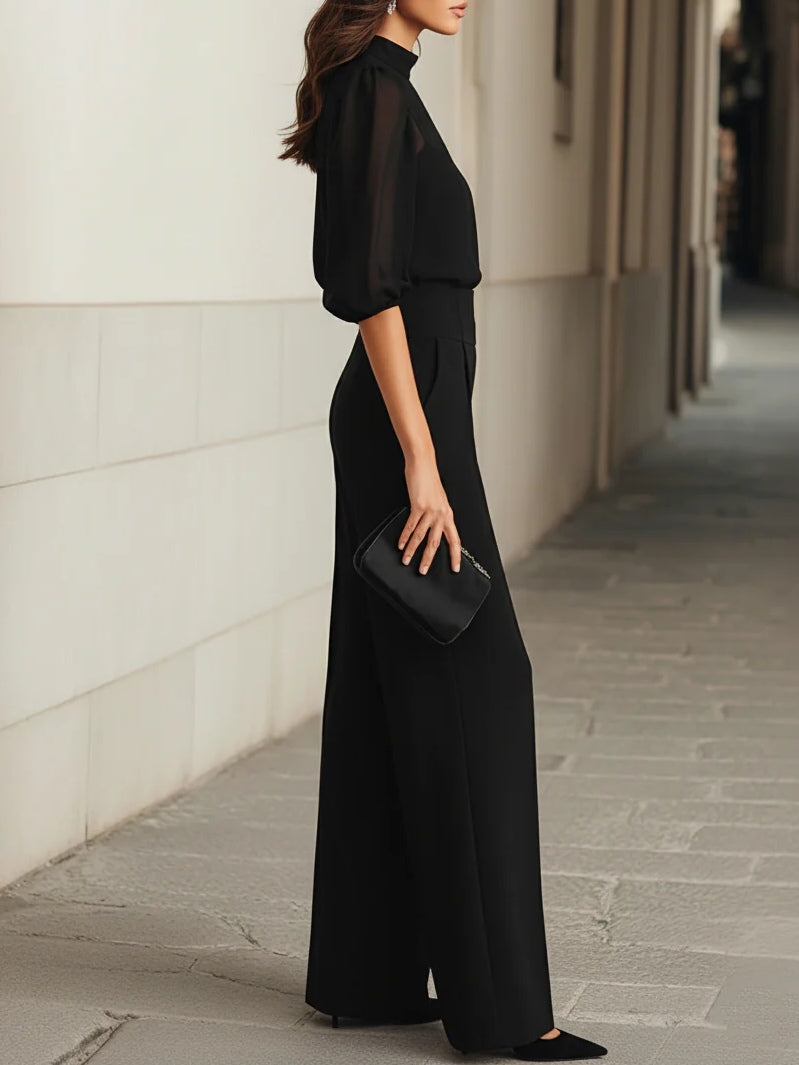 Set di tre pezzi: top in chiffon nero trasparente e pantaloni larghi