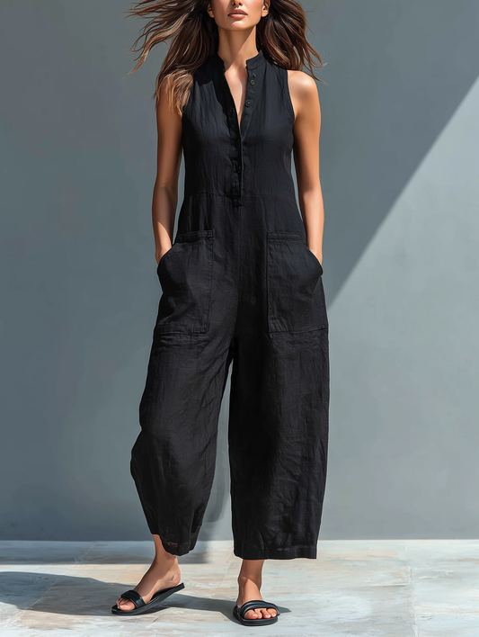 Tuta senza maniche casual in lino sintetico minimalista nera con colletto a bottoni