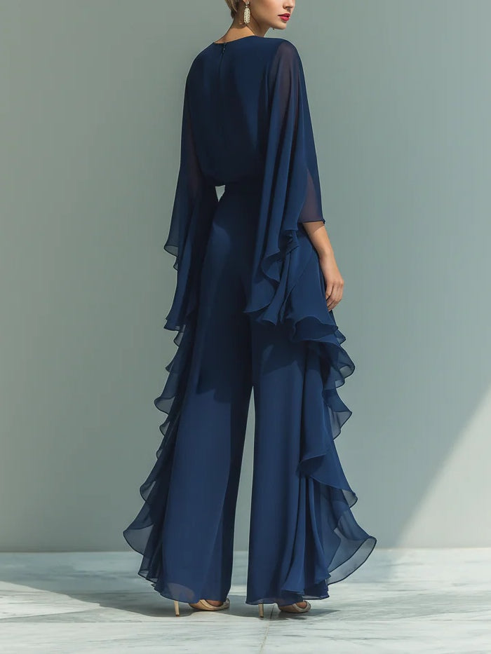 Completo in Chiffon Blu Marino con Top a Maniche Svasate e Pantaloni Dritti