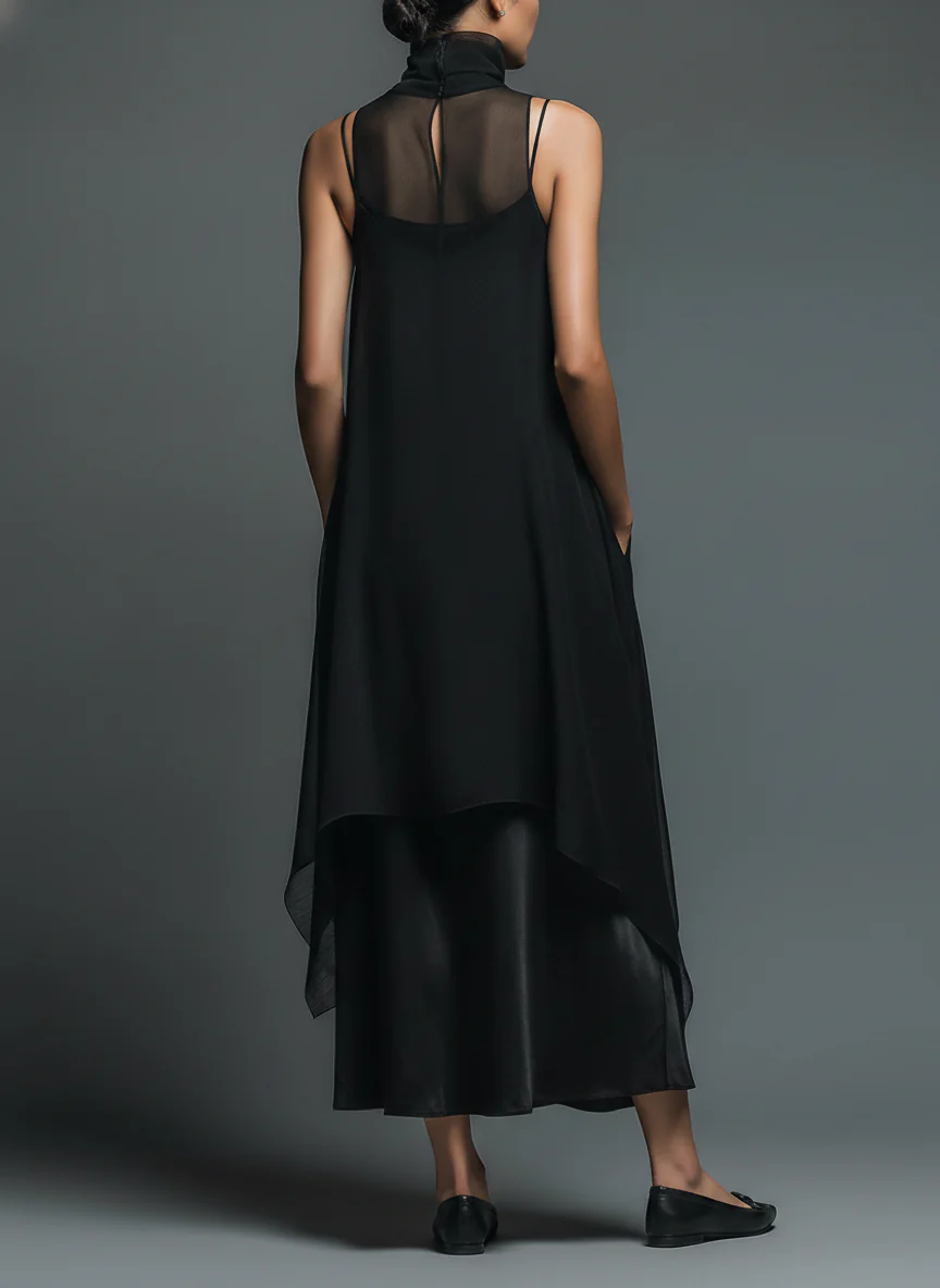 Abito Slip in Fibra di Acetato Finta Minimalista Nera Abbinato a un Cover-up in Chiffon Abito Lungo Set Due Pezzi