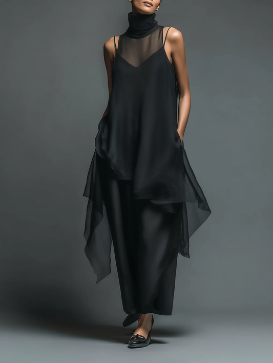 Abito Slip in Fibra di Acetato Finta Minimalista Nera Abbinato a un Cover-up in Chiffon Abito Lungo Set Due Pezzi