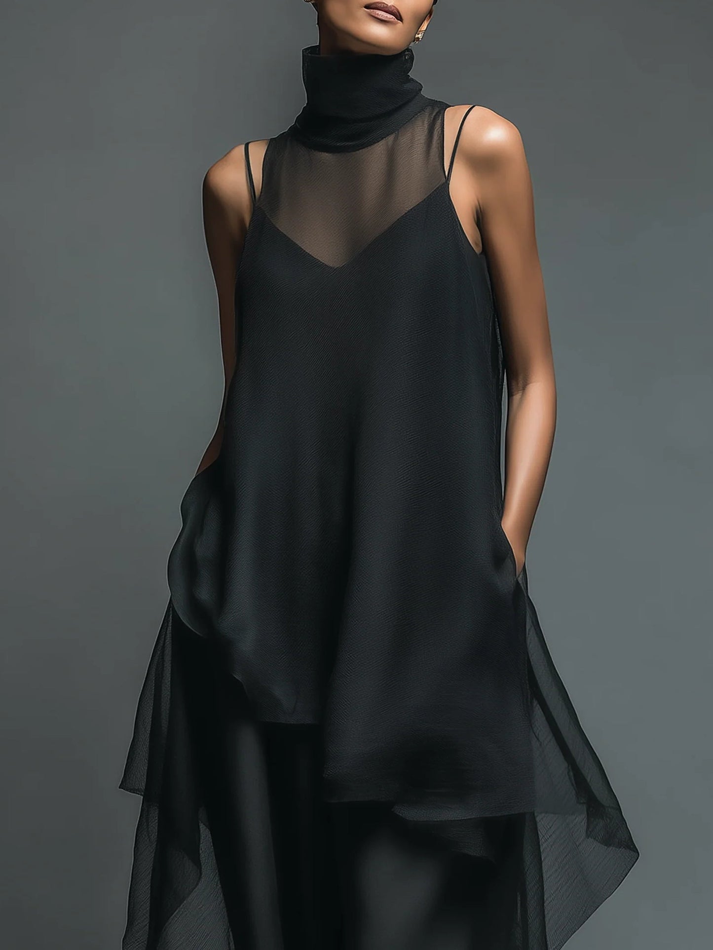 Abito Slip in Fibra di Acetato Finta Minimalista Nera Abbinato a un Cover-up in Chiffon Abito Lungo Set Due Pezzi