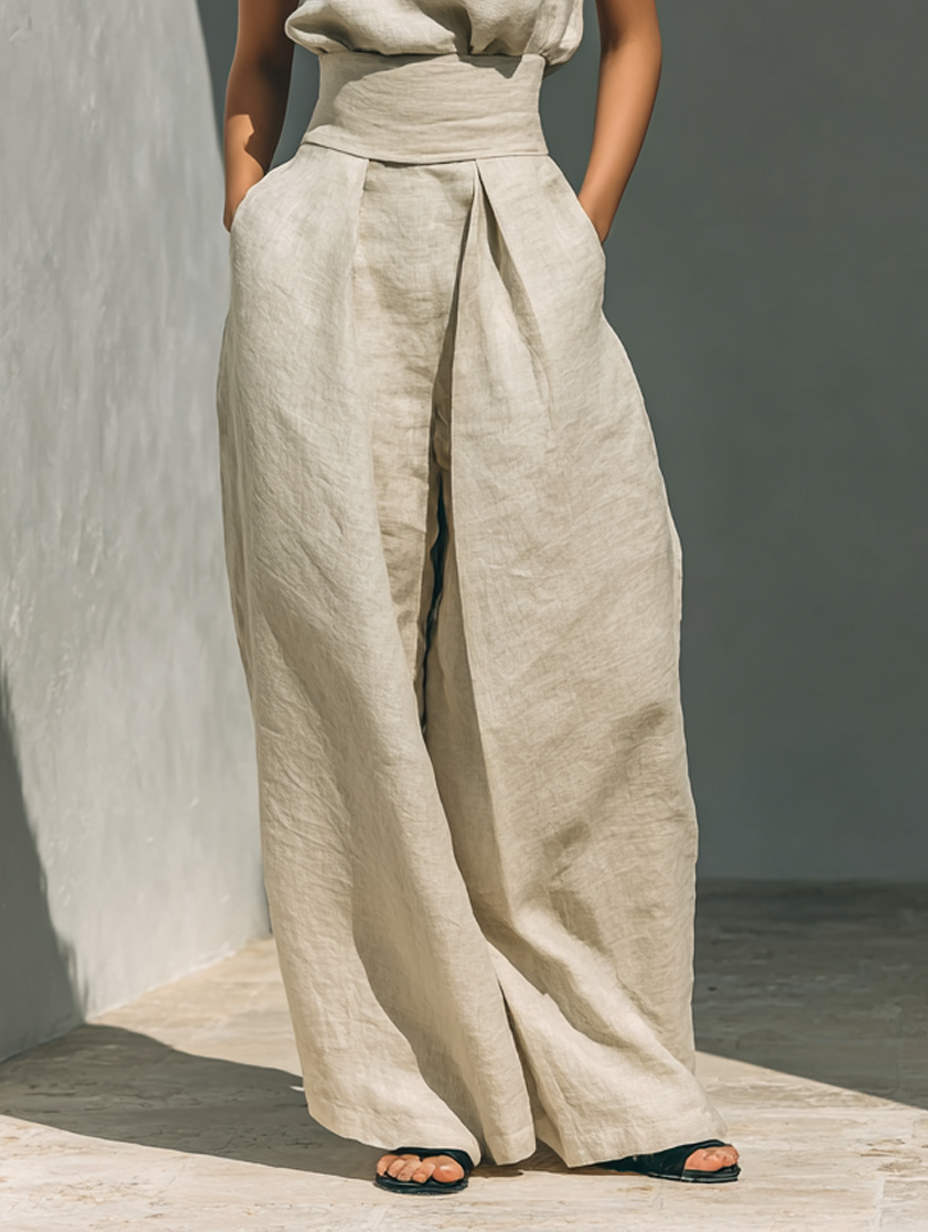 Completo Senza Maniche e Pantaloni Ampi in Miscela di Cotone-Lino Beige