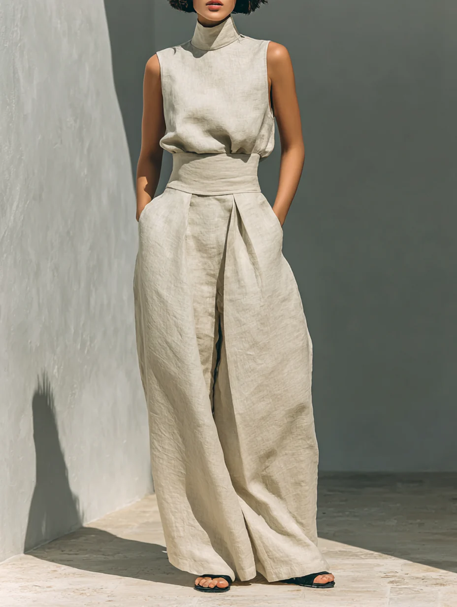 Completo Senza Maniche e Pantaloni Ampi in Miscela di Cotone-Lino Beige