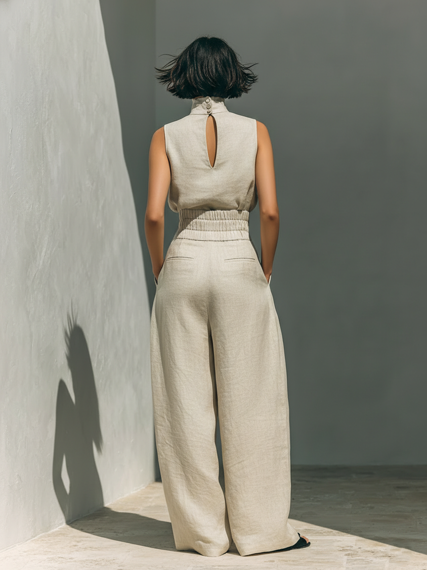 Completo Senza Maniche e Pantaloni Ampi in Miscela di Cotone-Lino Beige