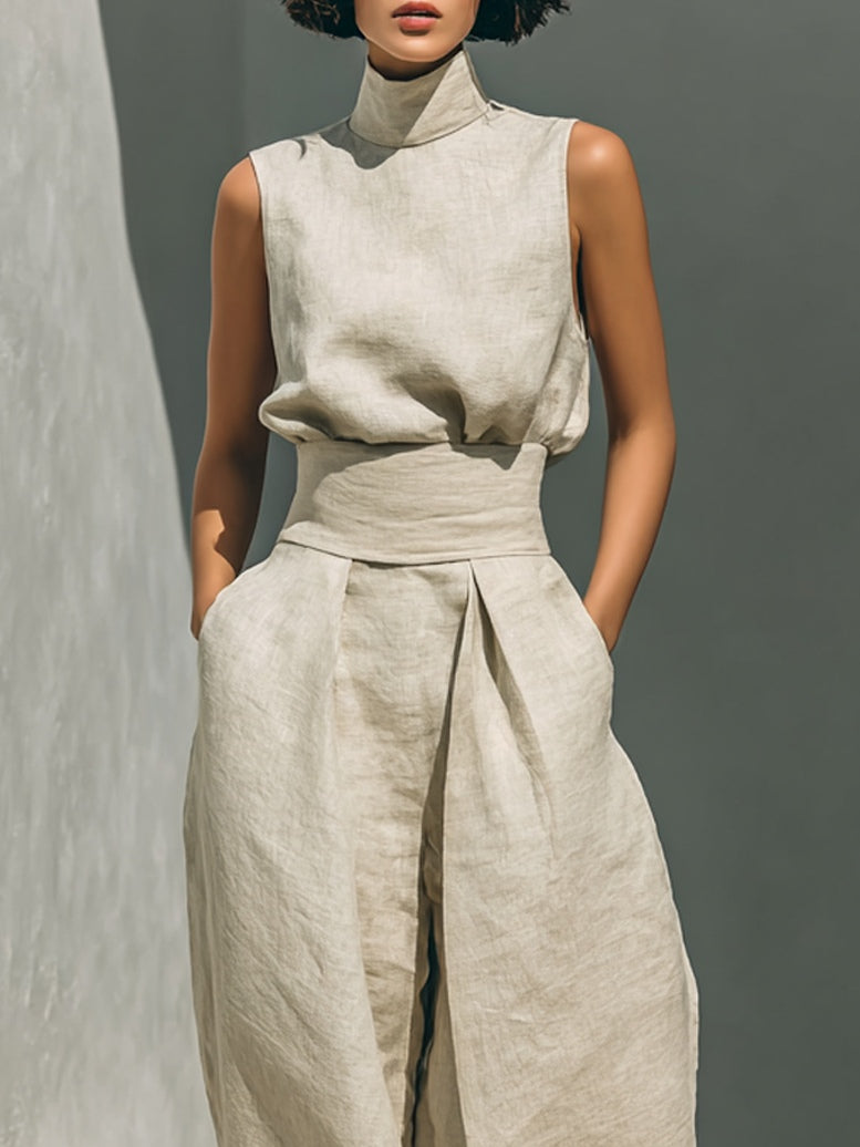 Completo Senza Maniche e Pantaloni Ampi in Miscela di Cotone-Lino Beige