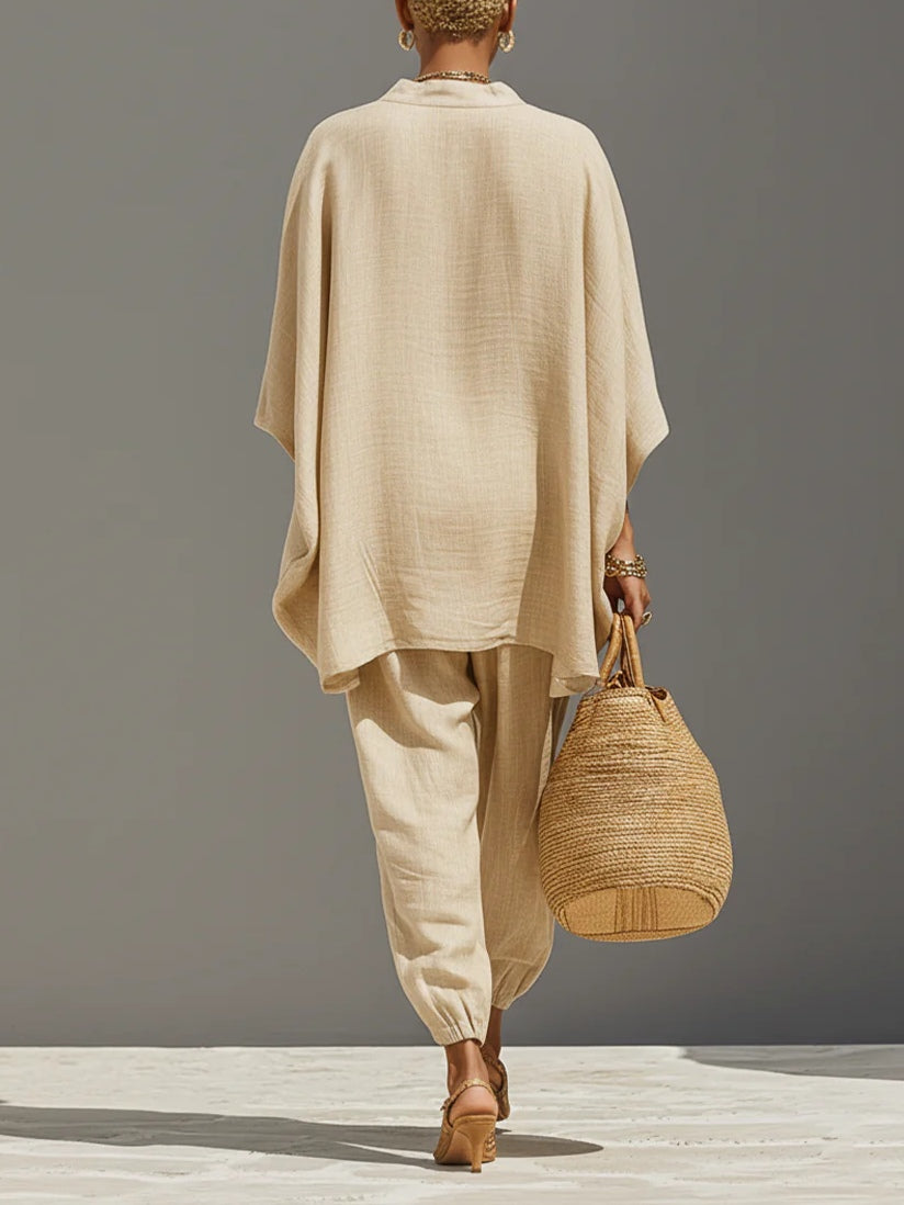 Arianna | Top e Pantaloni Jogger Minimalisti con Orlo Asimmetrico Color Khaki Chiaro