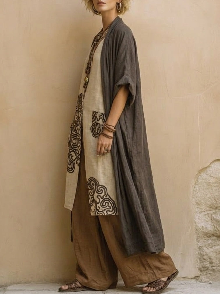 Set di tre pezzi in motivo tribale boho nomade grigio scuro e marrone