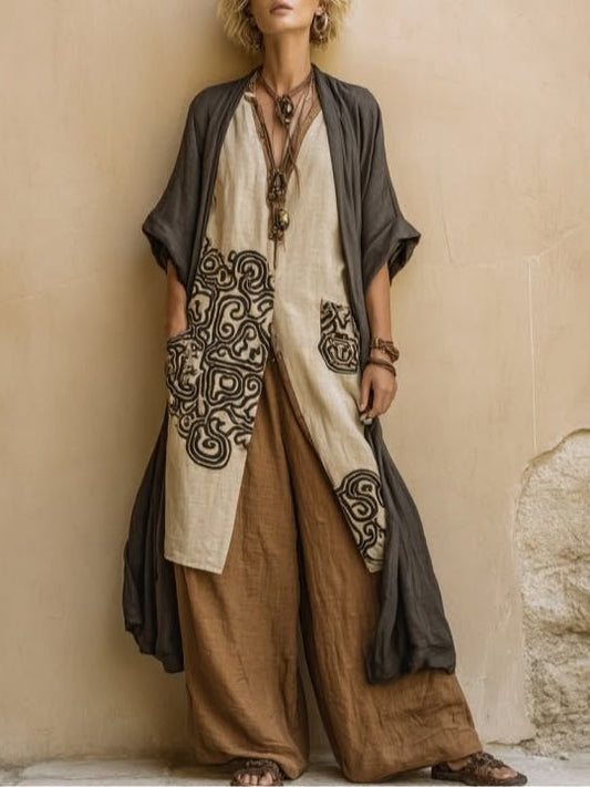 Set di tre pezzi in motivo tribale boho nomade grigio scuro e marrone