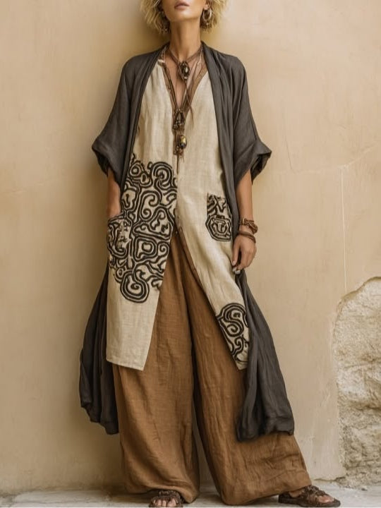 Giulia | Set Tre Pezzi Bohemien Nomade Grigio Scuro e Marrone con Motivo Tribale