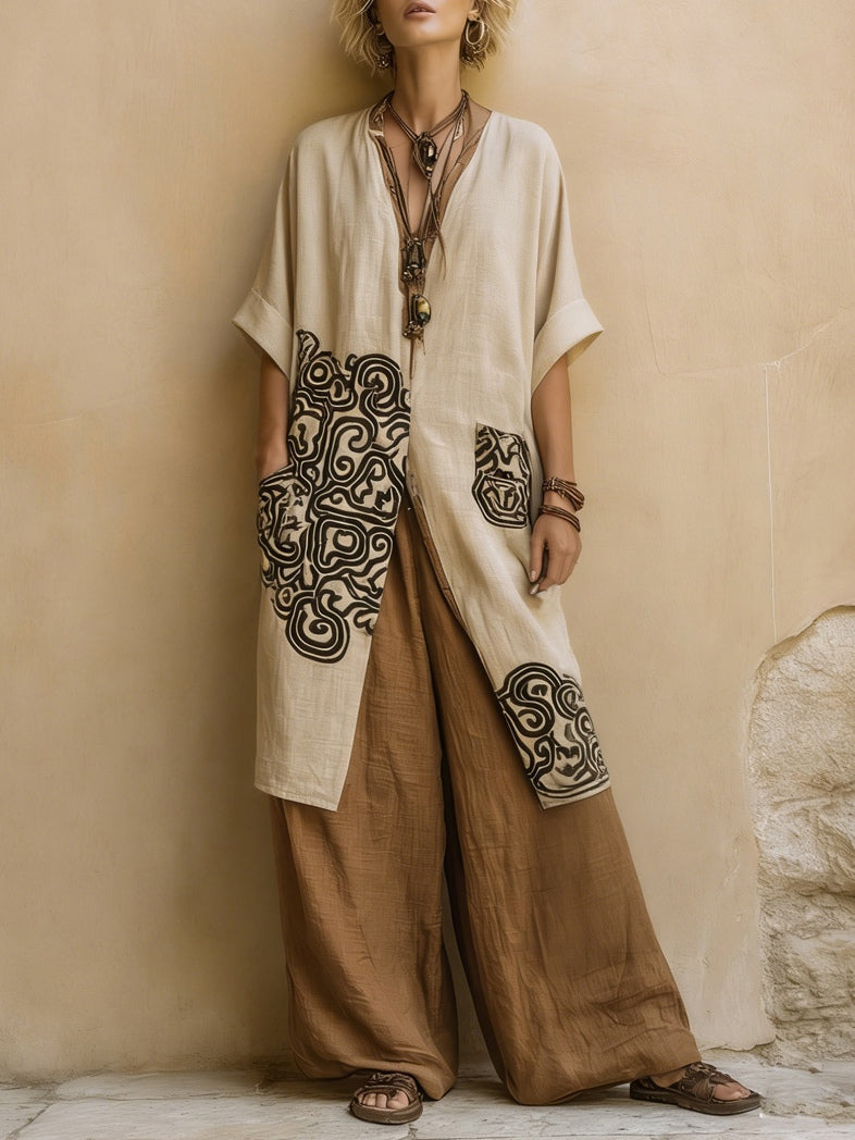 Set di tre pezzi in motivo tribale boho nomade grigio scuro e marrone