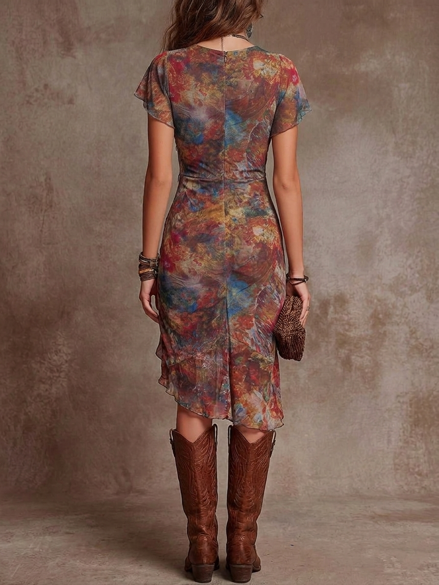 Martina · Abito midi plissettato con scollo a V, stampa d'arte astratta in stile bohemien