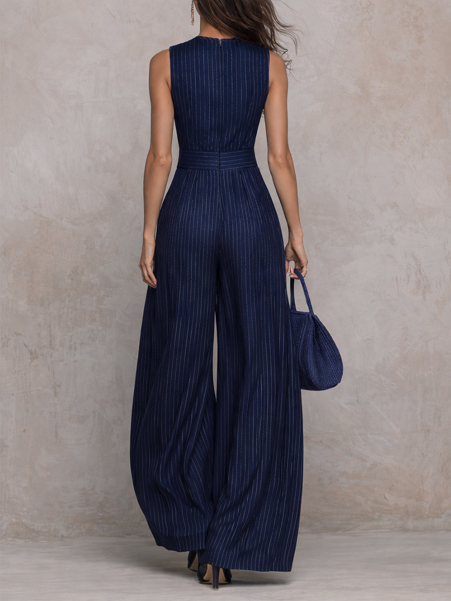 Jumpsuit grande con scollatura a V a righe blu scuro