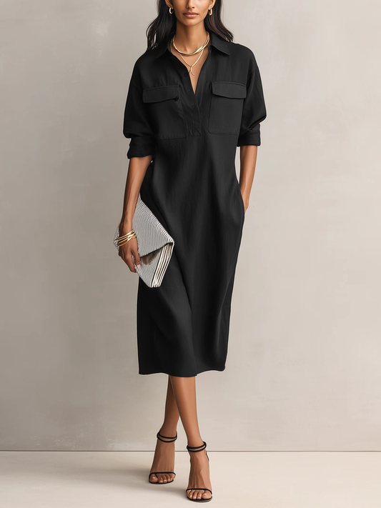 Valentina - Abito midi nero in misto cotone-lino con colletto a camicia e maniche lunghe