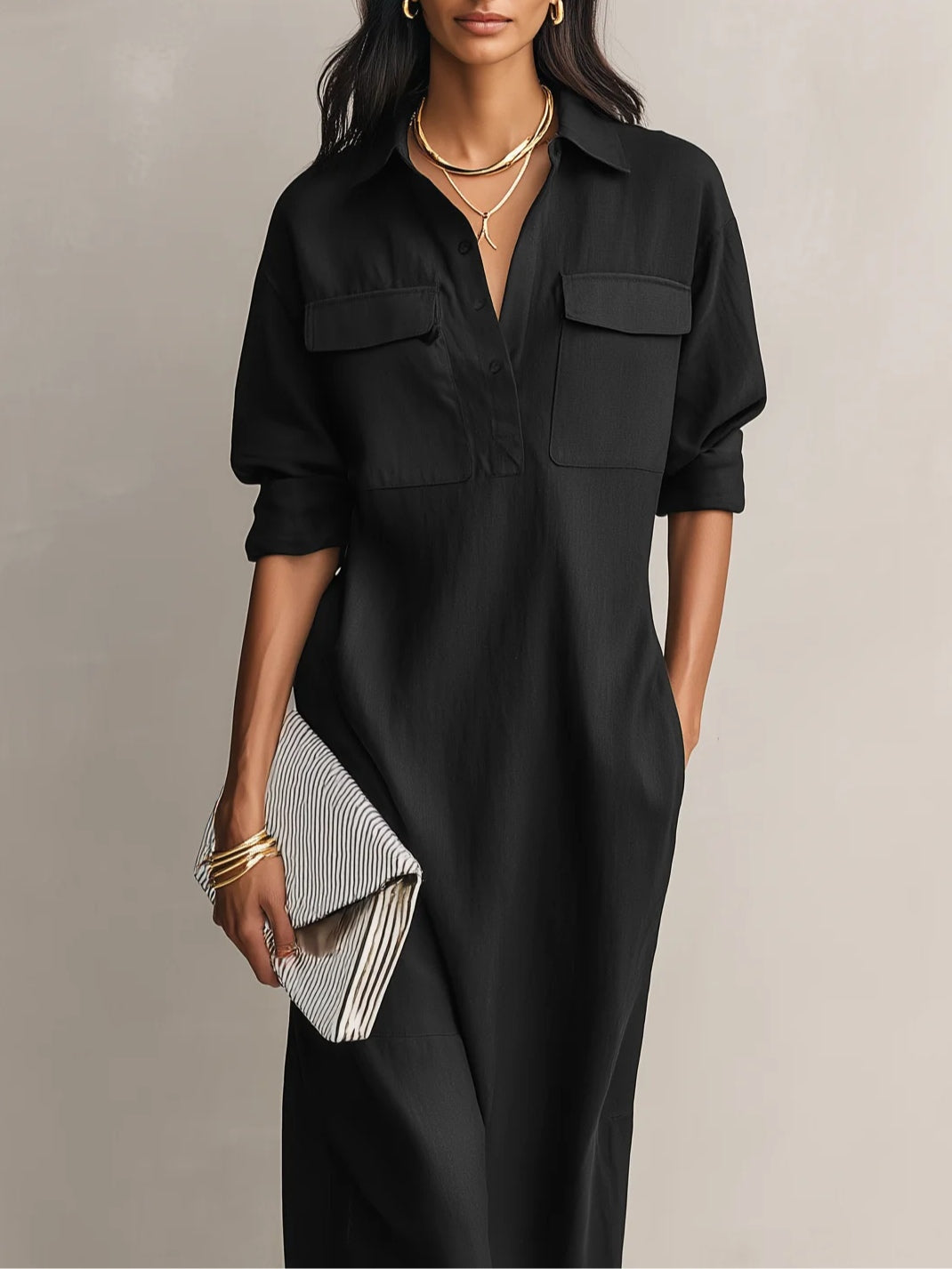 Valentina - Abito midi nero in misto cotone-lino con colletto a camicia e maniche lunghe