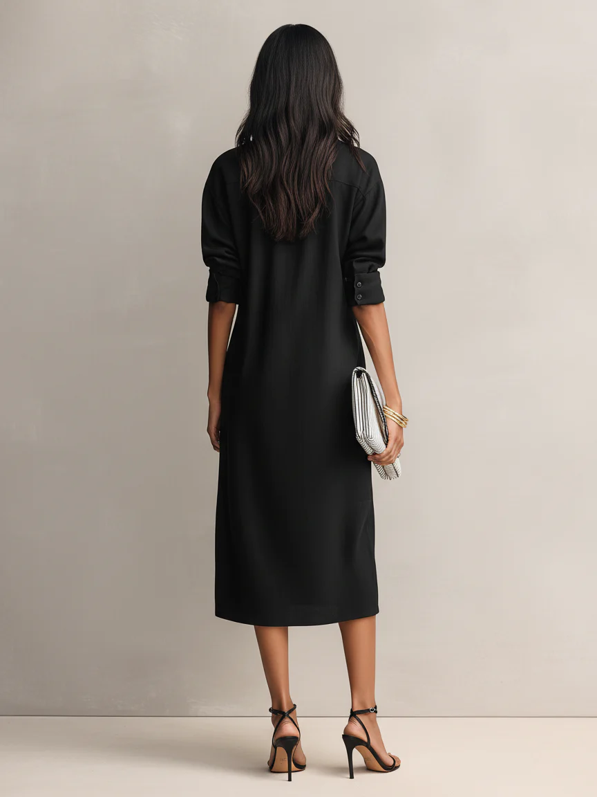 Valentina - Abito midi nero in misto cotone-lino con colletto a camicia e maniche lunghe