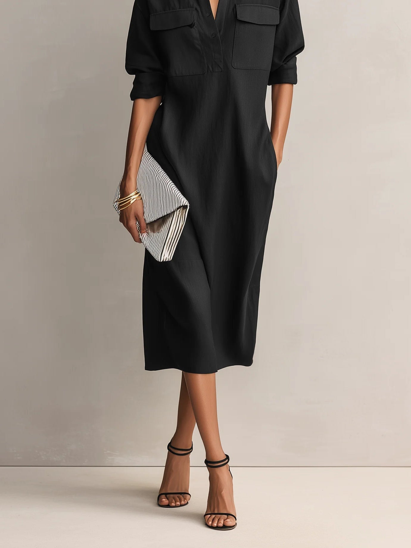 Valentina - Abito midi nero in misto cotone-lino con colletto a camicia e maniche lunghe
