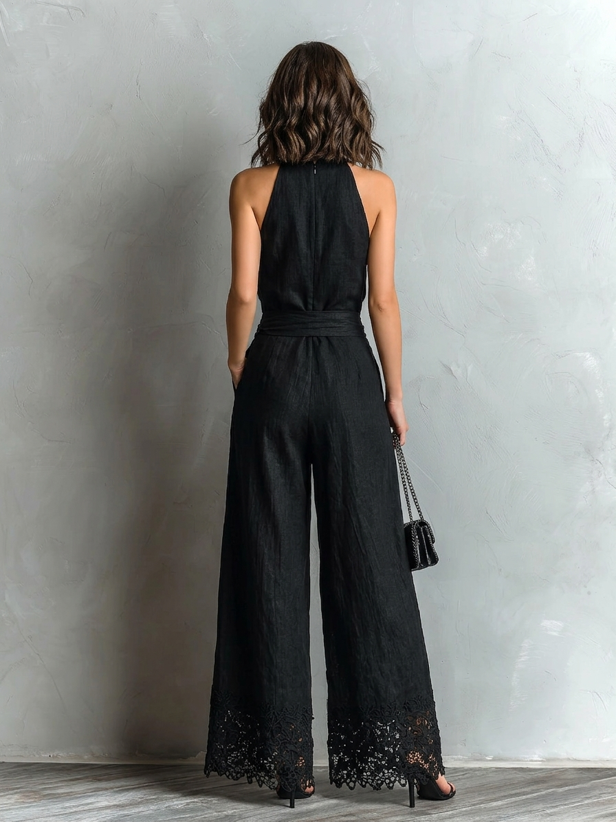 Alessia - Top Halter Neck in Cotone-lino Finto Nero con Pantaloni a Gamba Larga con Lacci e Pizzo