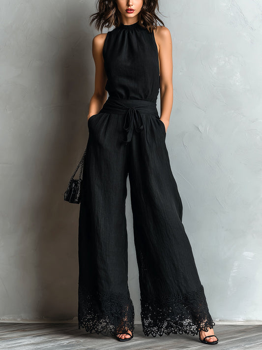 Alessia - Top Halter Neck in Cotone-lino Finto Nero con Pantaloni a Gamba Larga con Lacci e Pizzo