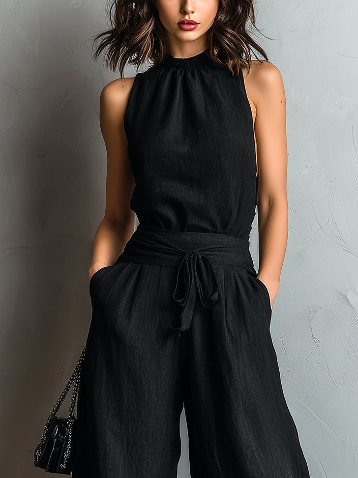 Alessia - Top Halter Neck in Cotone-lino Finto Nero con Pantaloni a Gamba Larga con Lacci e Pizzo