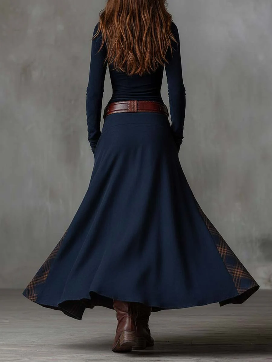 Carino || Abito lungo vintage in suede a quadri blu navy con cintura inclusa