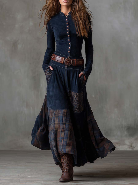 Martina · Abito lungo vintage in suede a quadri blu navy