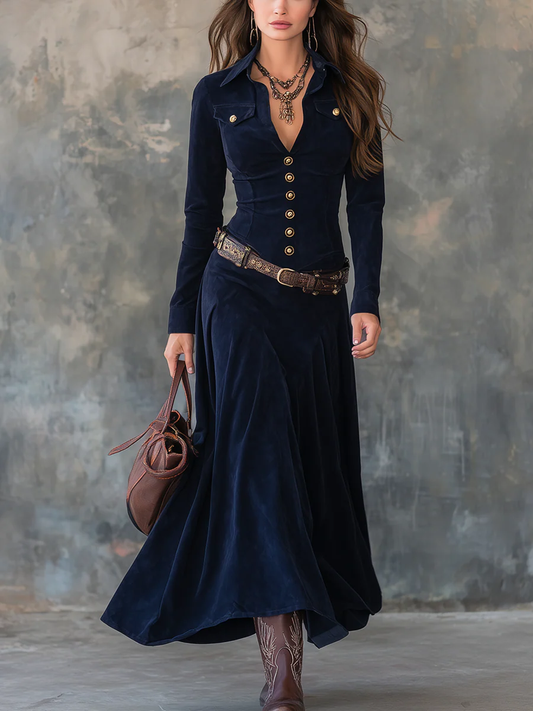 Diana ║ Abito lungo in suede con bottoni