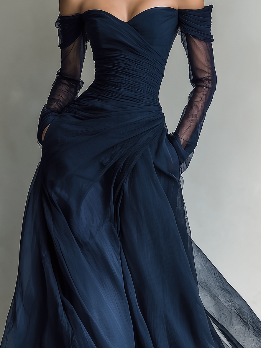 Abito Maxi Elegante in Chiffon Organza Blu Scuro con Maniche Lunghe e Spalle Scoperte per Donne