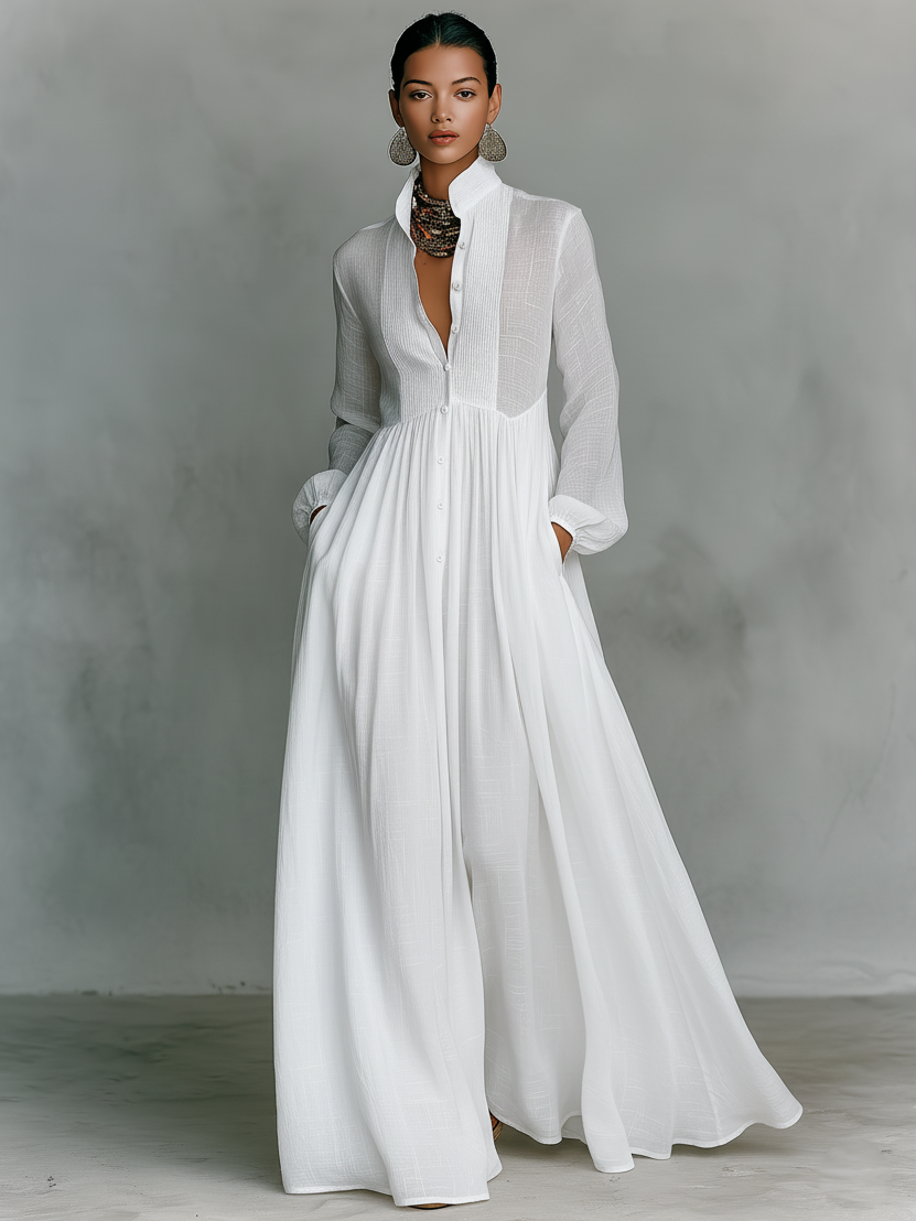 Maxi Abito Minimalista in Cotone e Lino con Patchwork, Collo Alto e Maniche Lunghe