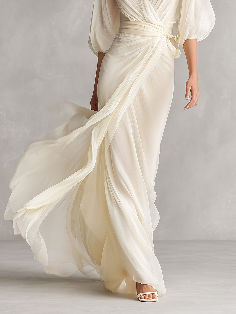 Abito in Chiffon Trasparente Avorio per Donne con Maniche Voluminose e Dettaglio Avvolgente, Abito in Stile Romantico-Lusso Senza Tempo