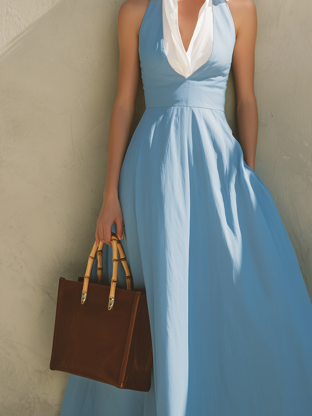 Abito lungo senza maniche in azzurro chiaro tessuto con colletto elegante per donne